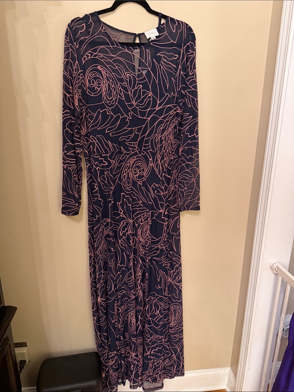 Jade Navy Maxi Dress with Pink Floral Line Print